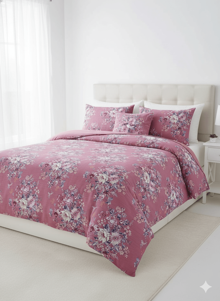 Mauve Pink Floral Duvet Cover Set - Elegant Cotton Bedding with Vintage Rose Print - Hit Dukan.com