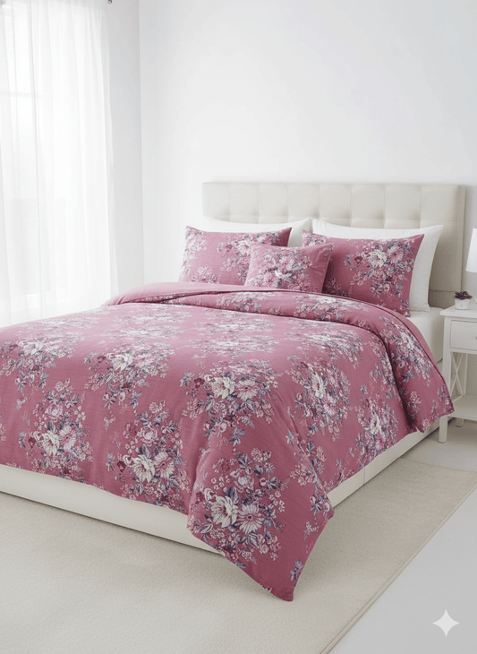 Mauve Pink Floral Duvet Cover Set - Elegant Cotton Bedding with Vintage Rose Print - Hit Dukan.com