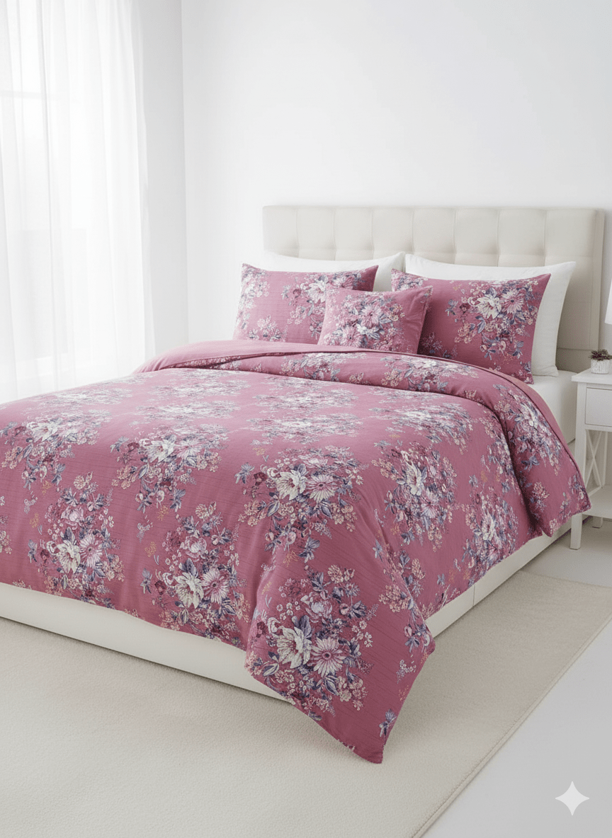 Mauve Pink Floral Duvet Cover Set - Elegant Cotton Bedding with Vintage Rose Print - Hit Dukan.com