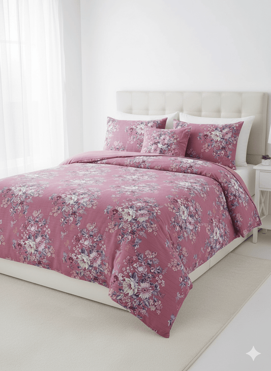 Mauve Pink Floral Duvet Cover Set - Elegant Cotton Bedding with Vintage Rose Print - Hit Dukan.com